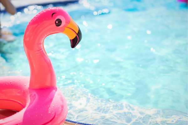Pink flamingo pool float in clear water, symbolizing fun and relaxation in saltwater pool settings.